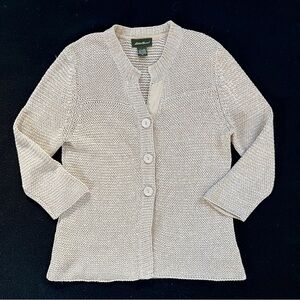 Vtg Eddie Bauer 3/4 Sleeve Beige Linen Blend Chunky Knit Cardigan M Cottagecore